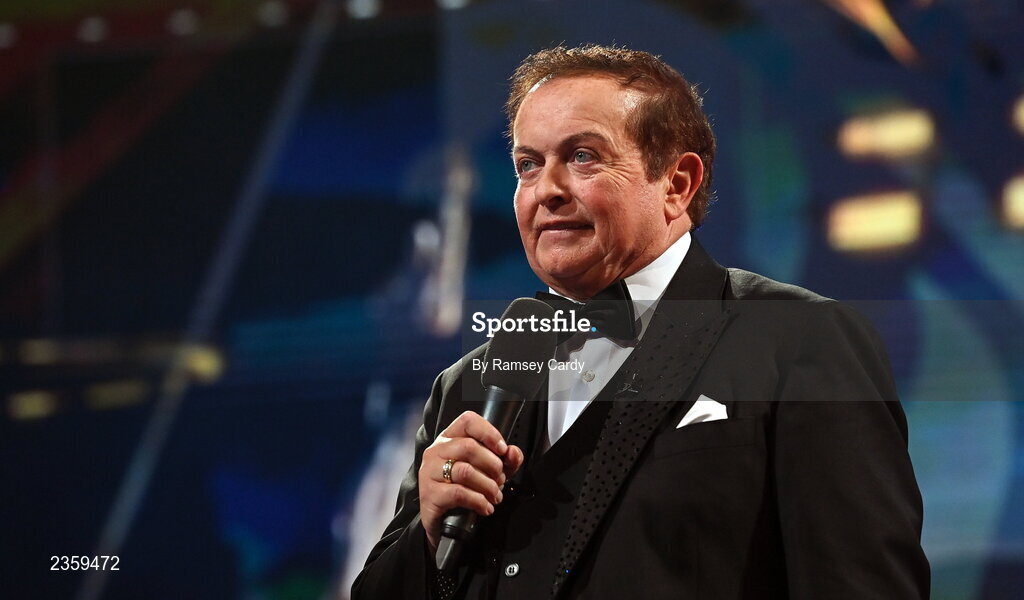 28 October 2022; RTE presenter Marty Morrissey during the PwC All-Stars Awards 2022 show at the Convention Centre in Dublin. Photo by Ramsey Cardy/Sportsfile