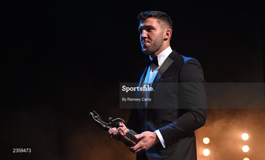 28 October 2022; Damien Comer of Galway with his PwC All-Star award during the PwC All-Stars Awards 2022 show at the Convention Centre in Dublin. Photo by Ramsey Cardy/Sportsfile