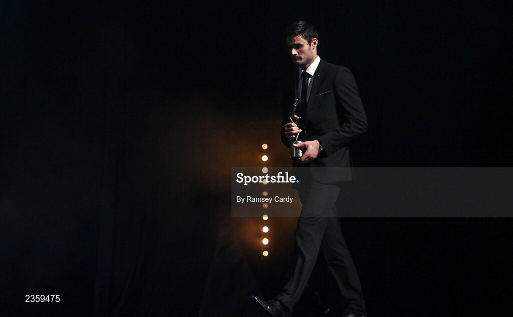 28 October 2022; Chrissy McKaigue of Derry with his PwC All-Star award during the PwC All-Stars Awards 2022 show at the Convention Centre in Dublin. Photo by Ramsey Cardy/Sportsfile