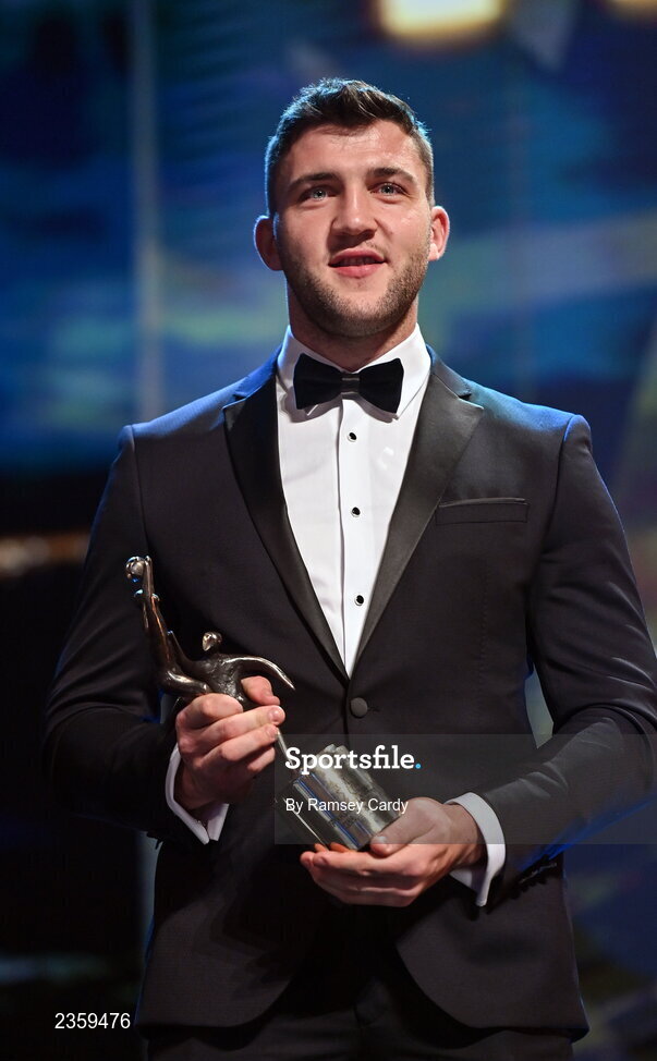 28 October 2022; Damien Comer of Galway with his PwC All-Star award during the PwC All-Stars Awards 2022 show at the Convention Centre in Dublin. Photo by Ramsey Cardy/Sportsfile