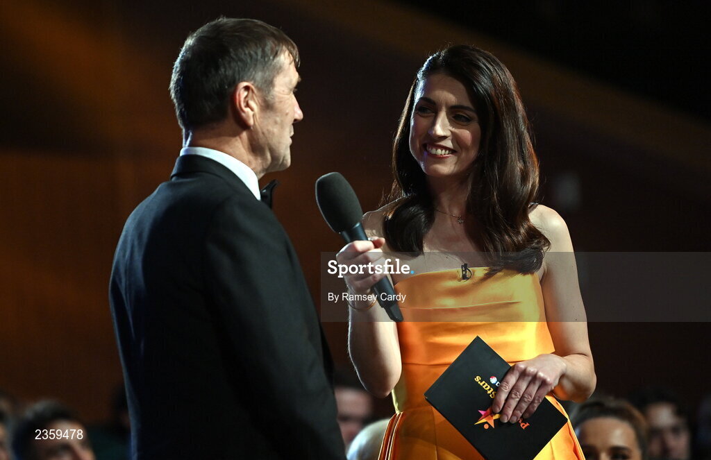 28 October 2022; RTE presenter Joanne Cantwell interviews Kerry manager Jack O'Connor during the PwC All-Stars Awards 2022 show at the Convention Centre in Dublin. Photo by Ramsey Cardy/Sportsfile
