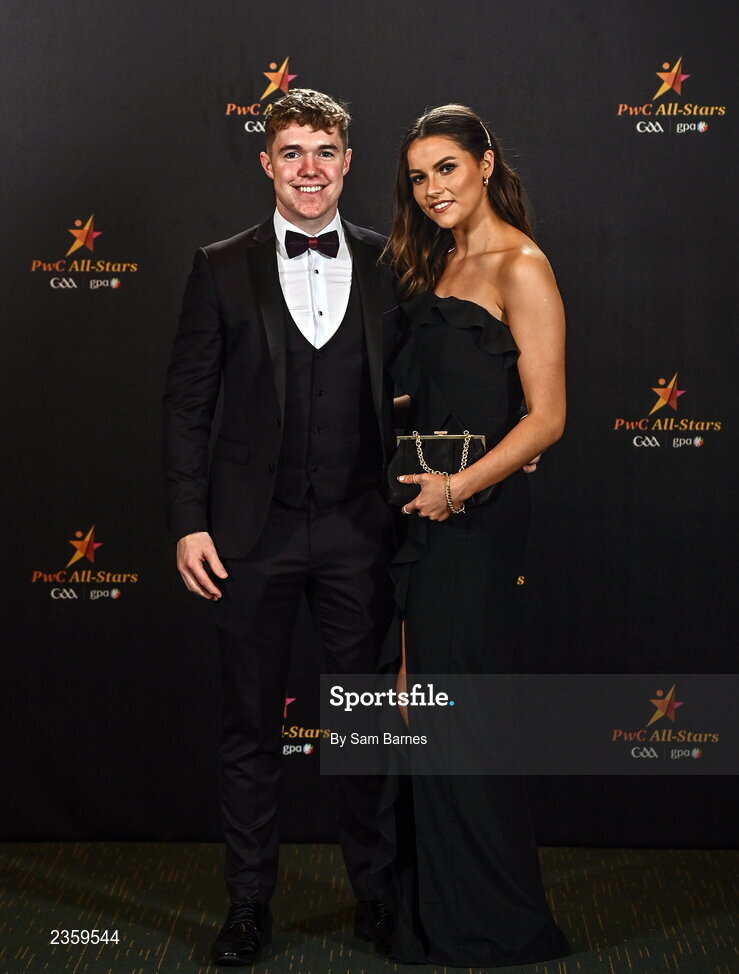 28 October 2022; PwC GAA/GPA Young Footballer of the Year Jack Glynn of Galway with Roisin Mannion at the PwC All-Stars Awards 2022 at the Convention Centre in Dublin. Photo by Sam Barnes/Sportsfile