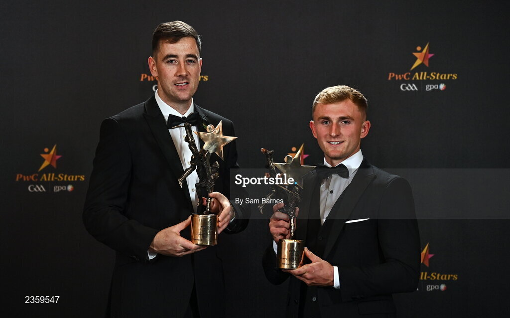 28 October 2022; Diarmaid Byrnes of Limerick with his PwC All Star Player of the Year award, left, and PwC GAA/GPA Young Hurler of the Year Mikey Butler of Kilkenny with his PwC Young Player of the Year award at the PwC All-Stars Awards 2022 at the Convention Centre in Dublin. Photo by Sam Barnes/Sportsfile