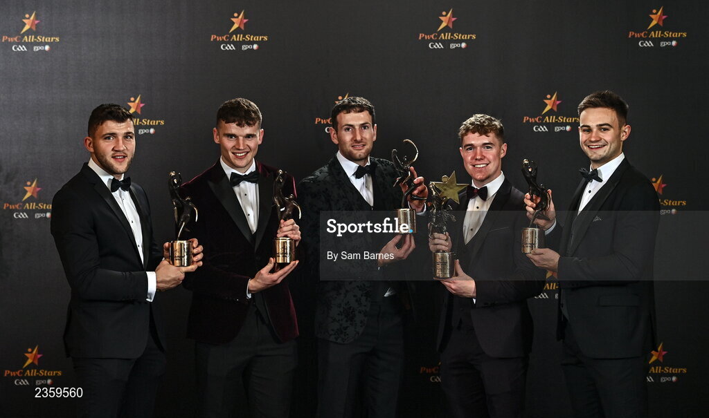 28 October 2022; Galway award winners, from left, footballers Damien Comer and John Daly, hurler Pádraic Mannion, PwC GAA/GPA Young Footballer of the Year Jack Glynn and footballer Cillian McDaid at the PwC All-Stars Awards 2022 at the Convention Centre in Dublin. Photo by Sam Barnes/Sportsfile