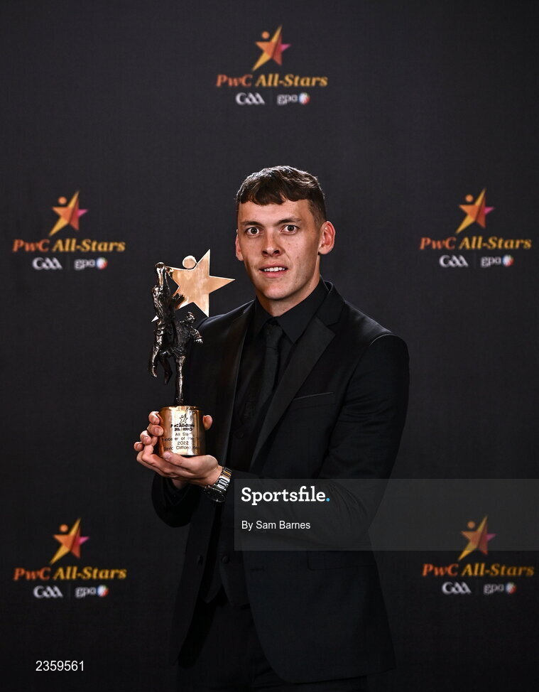 28 October 2022; David Clifford of Kerry with his PwC Player of the Year award at the PwC All-Stars Awards 2022 at the Convention Centre in Dublin. Photo by Sam Barnes/Sportsfile