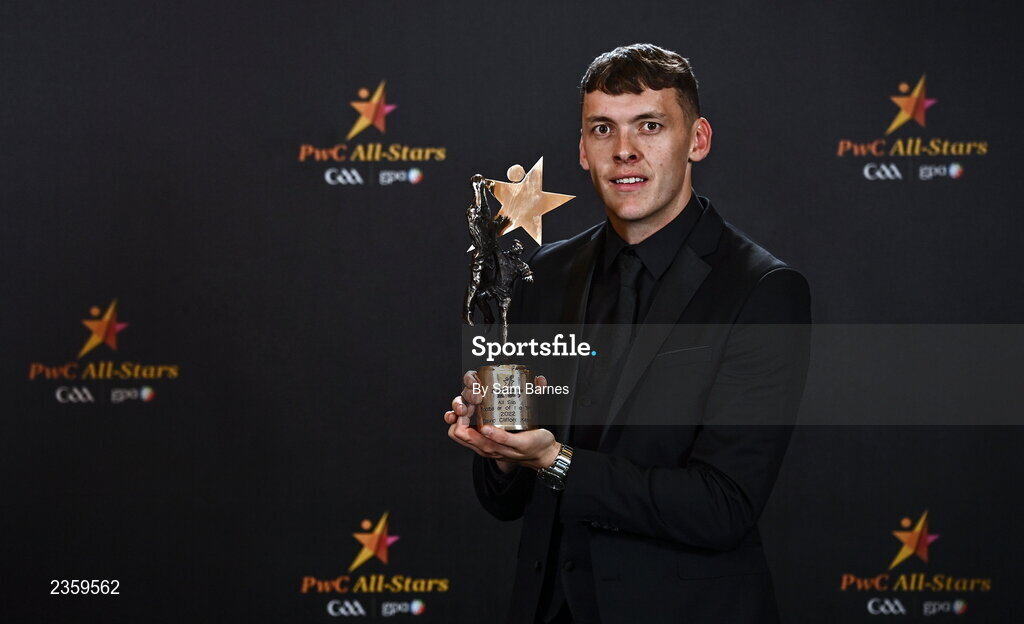 28 October 2022; David Clifford of Kerry with his PwC Player of the Year award at the PwC All-Stars Awards 2022 at the Convention Centre in Dublin. Photo by Sam Barnes/Sportsfile