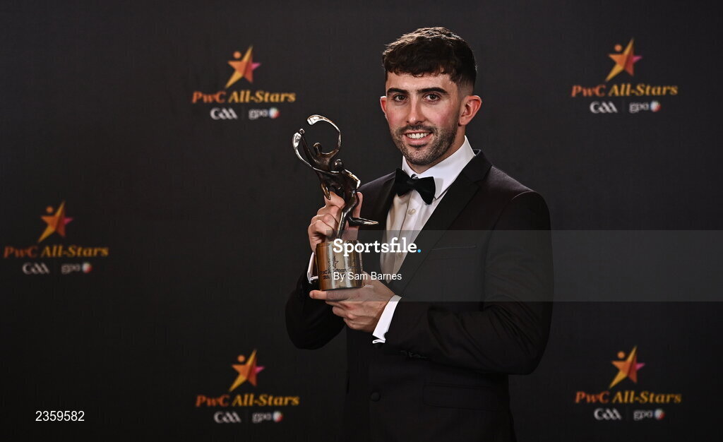 28 October 2022; Aaron Gillane of Limerick with his PwC All Star award at the PwC All-Stars Awards 2022 at the Convention Centre in Dublin. Photo by Sam Barnes/Sportsfile