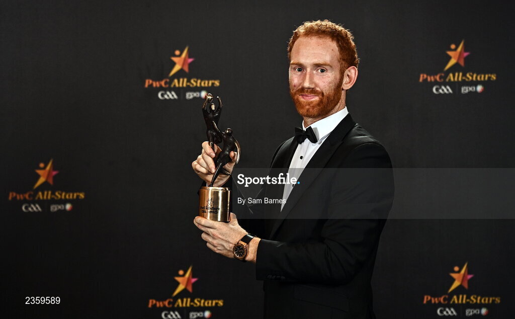28 October 2022; Conor Glass of Derry with his PwC All Star award at the PwC All-Stars Awards 2022 at the Convention Centre in Dublin. Photo by Sam Barnes/Sportsfile