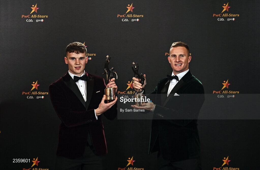 28 October 2022; John Daly of Galway, left, and Ciarán Kilkenny of Dublin with their PwC All Star awards at the PwC All-Stars Awards 2022 at the Convention Centre in Dublin. Photo by Sam Barnes/Sportsfile