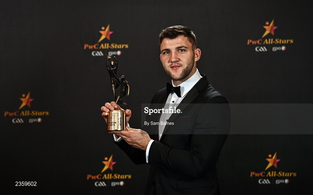 28 October 2022; Damien Comer of Galway with his PwC All Star award at the PwC All-Stars Awards 2022 at the Convention Centre in Dublin. Photo by Sam Barnes/Sportsfile