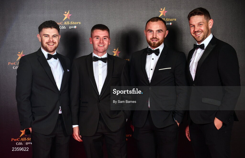 28 October 2022; Guests, from left, David Gethins, Mark Murphy, Eoin Murtagh and Michael Mangan on arrival at the PwC All-Stars Awards 2022 at the Convention Centre in Dublin. Photo by Sam Barnes/Sportsfile