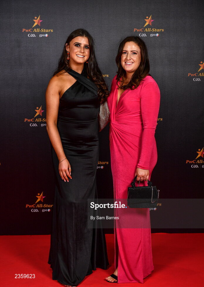 28 October 2022; Rachel Cummins, left, and Sinead McKeon on arrival at the PwC All-Stars Awards 2022 at the Convention Centre in Dublin. Photo by Sam Barnes/Sportsfile