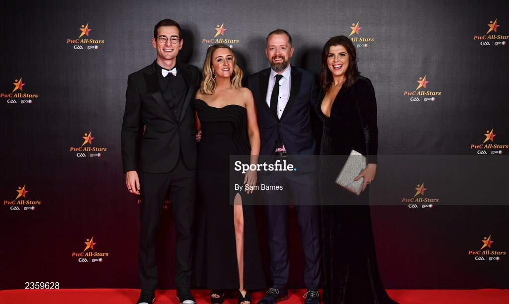 28 October 2022; Guests, from left, John Aherne, Tracey Lynch, Eóin Ó Suileabháin and Jenny Kelly on arrival at the PwC All-Stars Awards 2022 at the Convention Centre in Dublin. Photo by Sam Barnes/Sportsfile