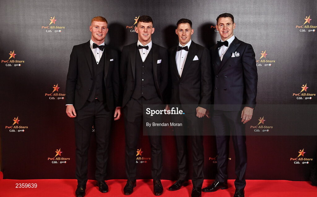 28 October 2022; Kilkenny hurlers, from left, Adrian Mullen, Eoin Cody, Richie Reid and TJ Reid on arrival at the PwC All-Stars Awards 2022 at the Convention Centre in Dublin. Photo by Brendan Moran/Sportsfile