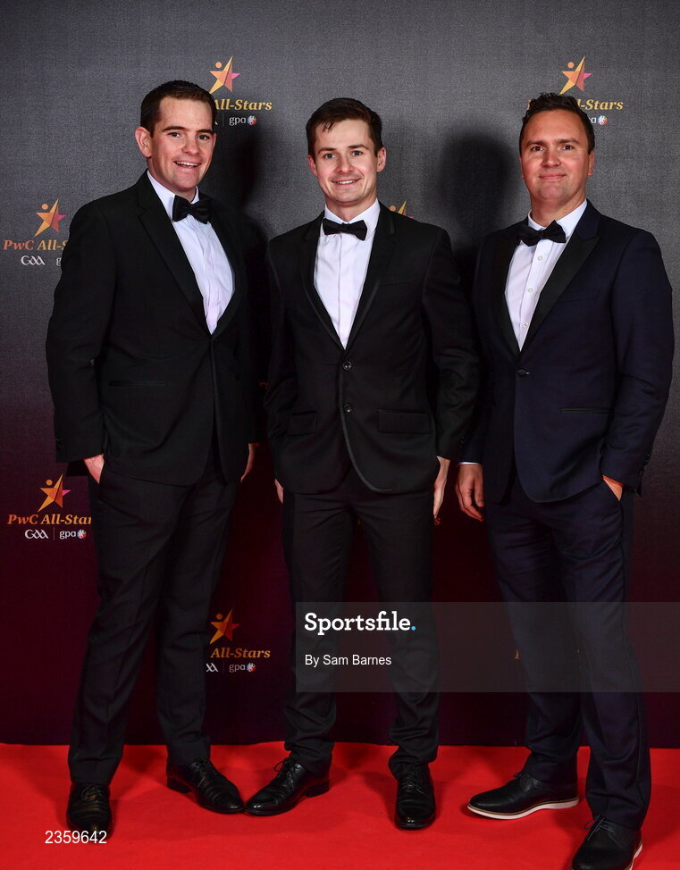 28 October 2022; Guests Joe Mahon, Michael O'Leary and Fraser Hanrahan on arrival at the PwC All-Stars Awards 2022 at the Convention Centre in Dublin. Photo by Sam Barnes/Sportsfile
