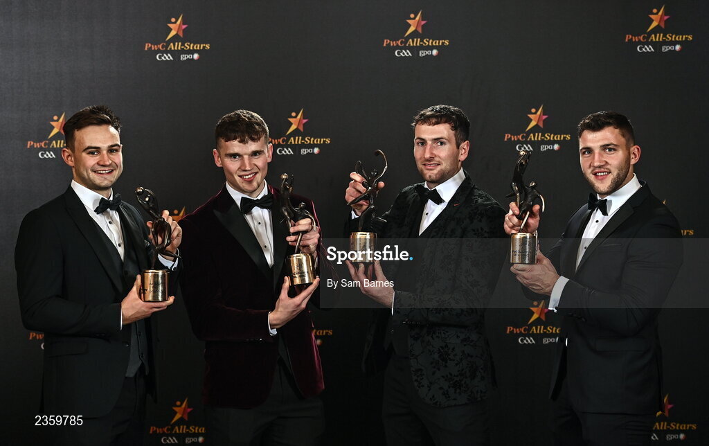 28 October 2022; Galway award winners, from left, footballer Cillian McDaid, hurler John Daly, hurler Pádraic Mannion and footballer Damien Comer at the PwC All-Stars Awards 2022 at the Convention Centre in Dublin. Photo by Sam Barnes/Sportsfile
