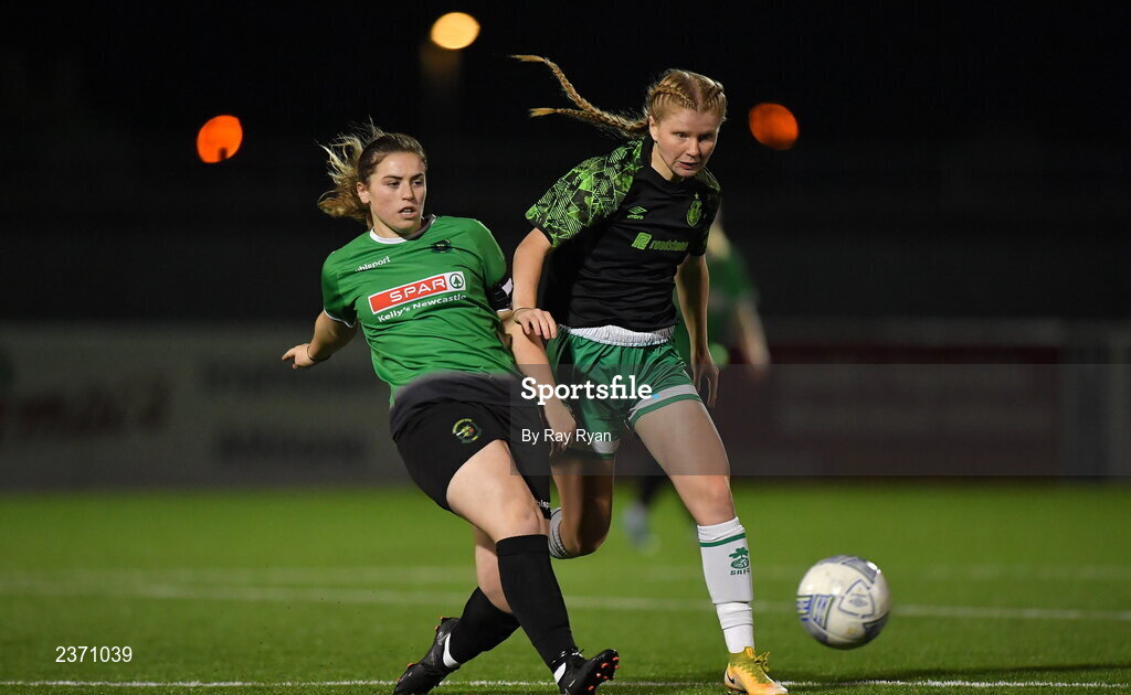 4 November 2022; Sarah Power of Peamount United in action against Ruby Gallagher of Shamrock Rovers during the EA SPORTS Women's National Under-19 League Cup Final match between Peamount United and Shamrock Rovers at Athlone Town Stadium in Athlone, Westmeath. Photo by Ray Ryan/Sportsfile