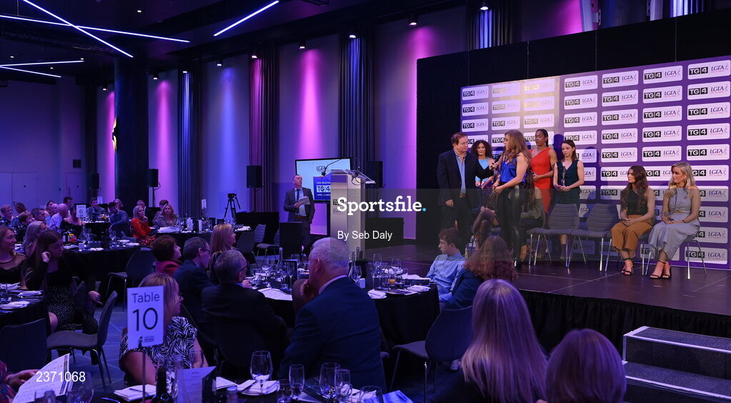 4 November 2022; Cathy Carey of Antrim is interviewed by MC Marty Morrissey during at the 2022 TG4 Teams of the Championship awards night at Croke Park, Dublin. Photo by Seb Daly/Sportsfile
