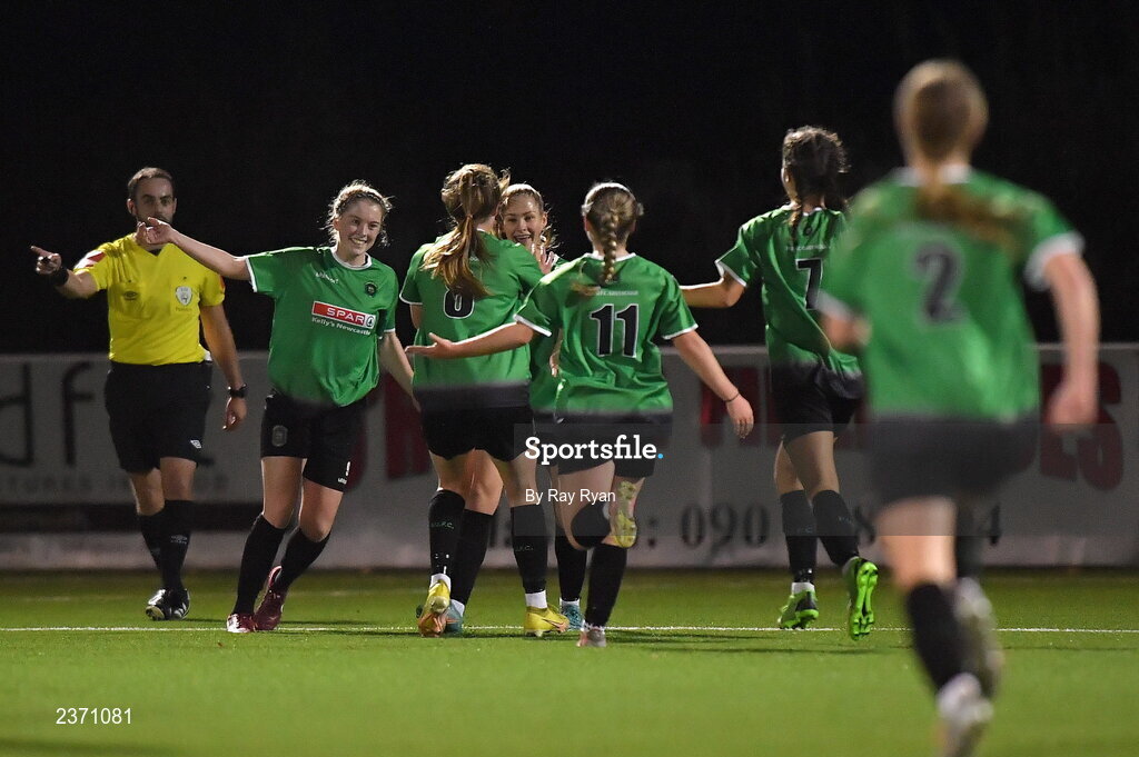 4 November 2022; Tara O'Hanlon of Peamount United celebrates with teammates after scoring her side's goal during the EA SPORTS Women's National Under-19 League Cup Final match between Peamount United and Shamrock Rovers at Athlone Town Stadium in Athlone, Westmeath. Photo by Ray Ryan/Sportsfile