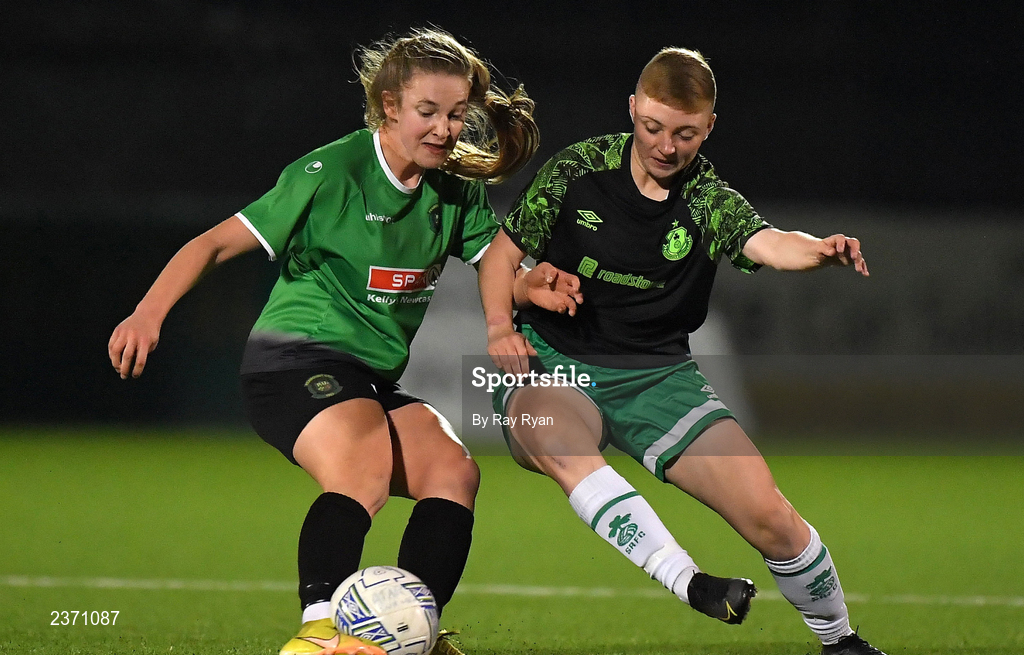 4 November 2022; Ellen Dolan of Peamount United in action against Jamie Thompson of Shamrock Rovers during the EA SPORTS Women's National Under-19 League Cup Final match between Peamount United and Shamrock Rovers at Athlone Town Stadium in Athlone, Westmeath. Photo by Ray Ryan/Sportsfile