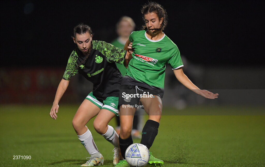 4 November 2022; Priva Doyle of Peamount United in action against Shannon Coady of Shamrock Rovers during the EA SPORTS Women's National Under-19 League Cup Final match between Peamount United and Shamrock Rovers at Athlone Town Stadium in Athlone, Westmeath. Photo by Ray Ryan/Sportsfile