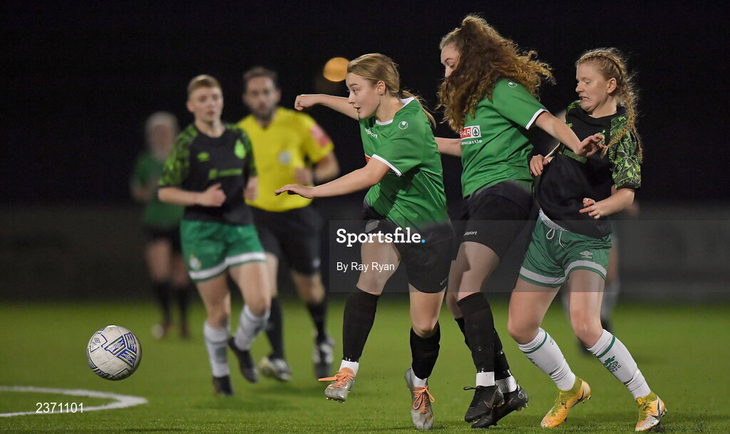 4 November 2022; Hannah Martin and Rebella McMahon of Peamount United in action against Ruby Gallagher of Shamrock Rovers during the EA SPORTS Women's National Under-19 League Cup Final match between Peamount United and Shamrock Rovers at Athlone Town Stadium in Athlone, Westmeath. Photo by Ray Ryan/Sportsfile