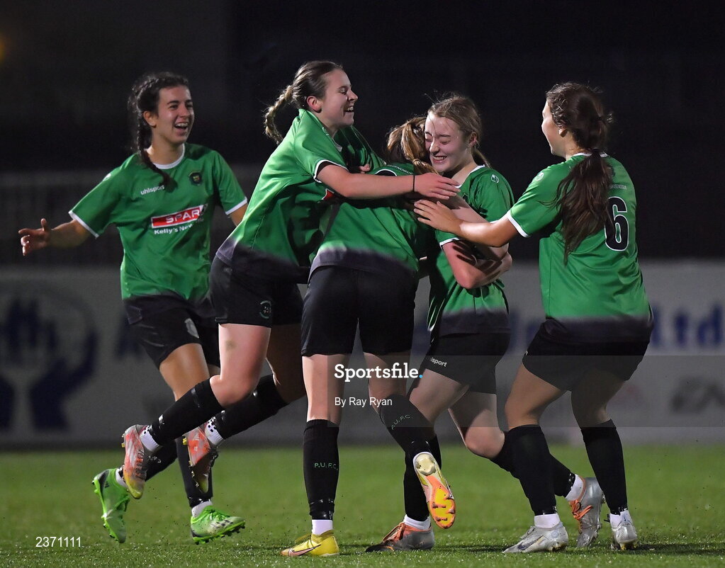 4 November 2022; Hannah Martin, second from right, of Peamount United celebrates with teammates after scoring her side's second goal during the EA SPORTS Women's National Under-19 League Cup Final match between Peamount United and Shamrock Rovers at Athlone Town Stadium in Athlone, Westmeath. Photo by Ray Ryan/Sportsfile