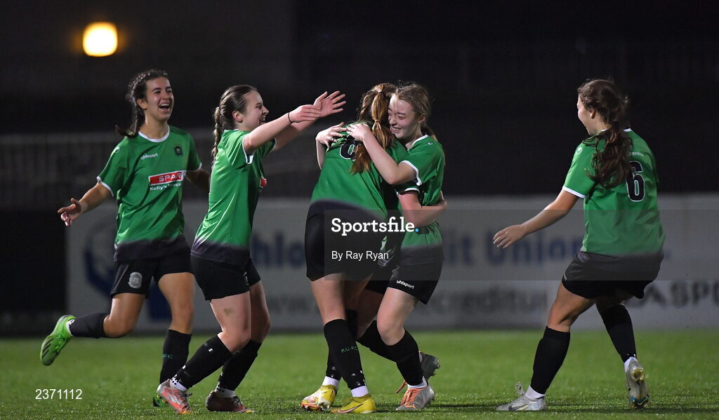 4 November 2022; Hannah Martin, second from right, of Peamount United celebrates with teammates after scoring her side's second goal during the EA SPORTS Women's National Under-19 League Cup Final match between Peamount United and Shamrock Rovers at Athlone Town Stadium in Athlone, Westmeath. Photo by Ray Ryan/Sportsfile