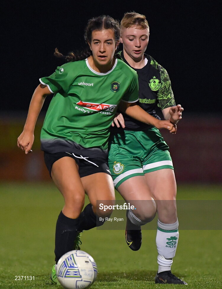 4 November 2022; Priva Doyle of Peamount United in action against Jamie Thompson of Shamrock Rovers during the EA SPORTS Women's National Under-19 League Cup Final match between Peamount United and Shamrock Rovers at Athlone Town Stadium in Athlone, Westmeath. Photo by Ray Ryan/Sportsfile
