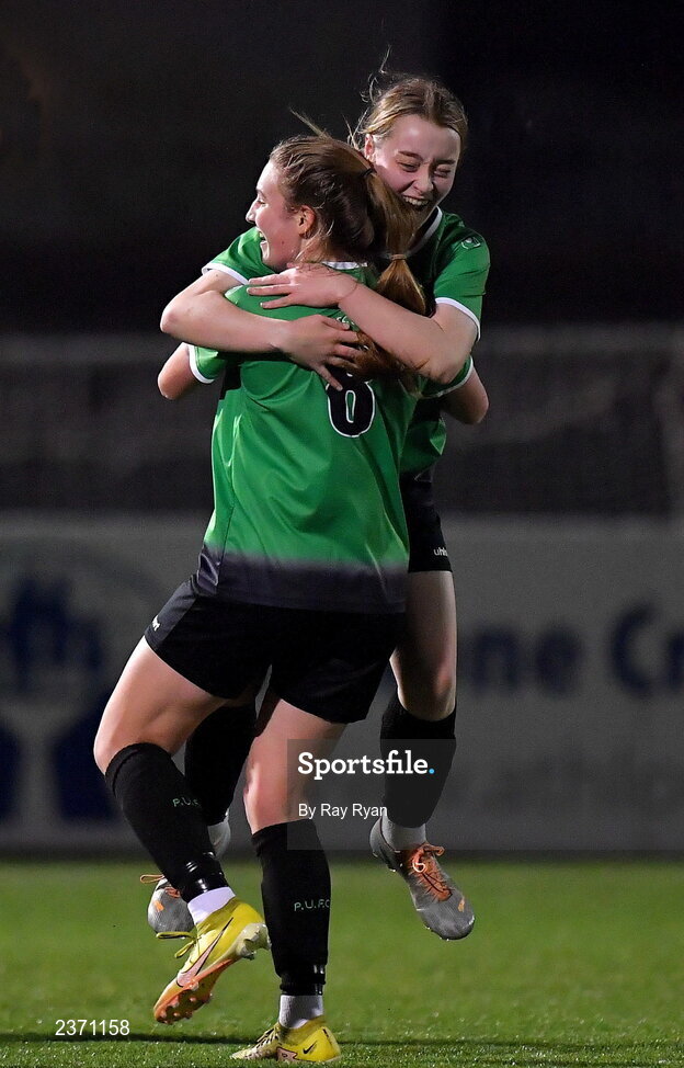 4 November 2022; Hannah Martin, right, of Peamount United celebrates with teammate Ellen Dolan of Peamont after scoring her side's second goal during the EA SPORTS Women's National Under-19 League Cup Final match between Peamount United and Shamrock Rovers at Athlone Town Stadium in Athlone, Westmeath. Photo by Ray Ryan/Sportsfile
