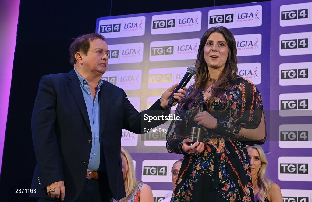 4 November 2022; Róisín Murphy of Wexford is interviewed by MC Marty Morrissey during at the 2022 TG4 Teams of the Championship awards night at Croke Park, Dublin. Photo by Seb Daly/Sportsfile