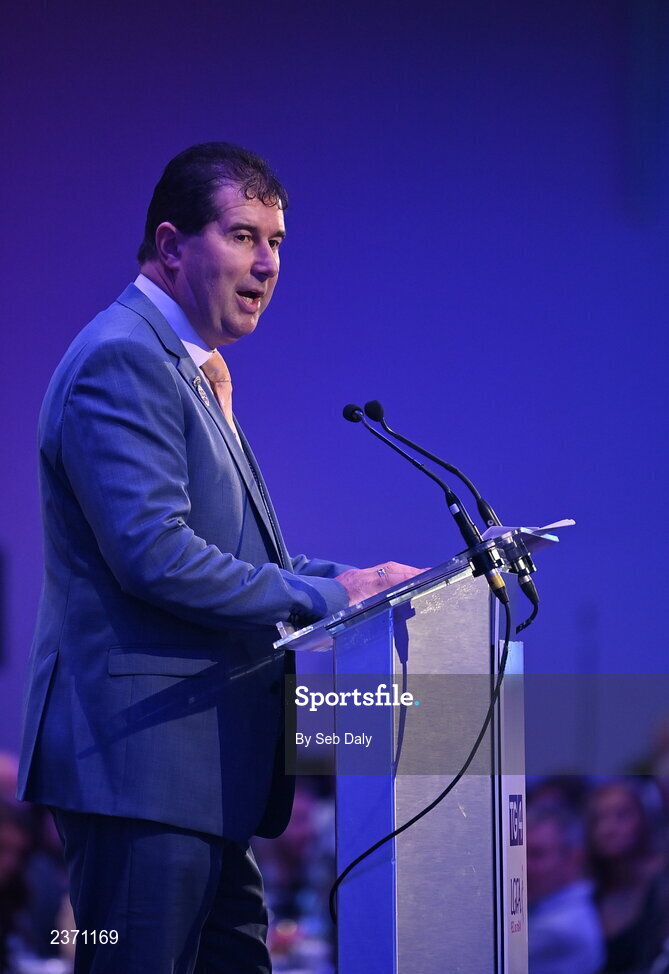 4 November 2022; Mícheál Naughton, LGFA President, speaking at the 2022 TG4 Teams of the Championship awards night at Croke Park, Dublin. Photo by Seb Daly/Sportsfile