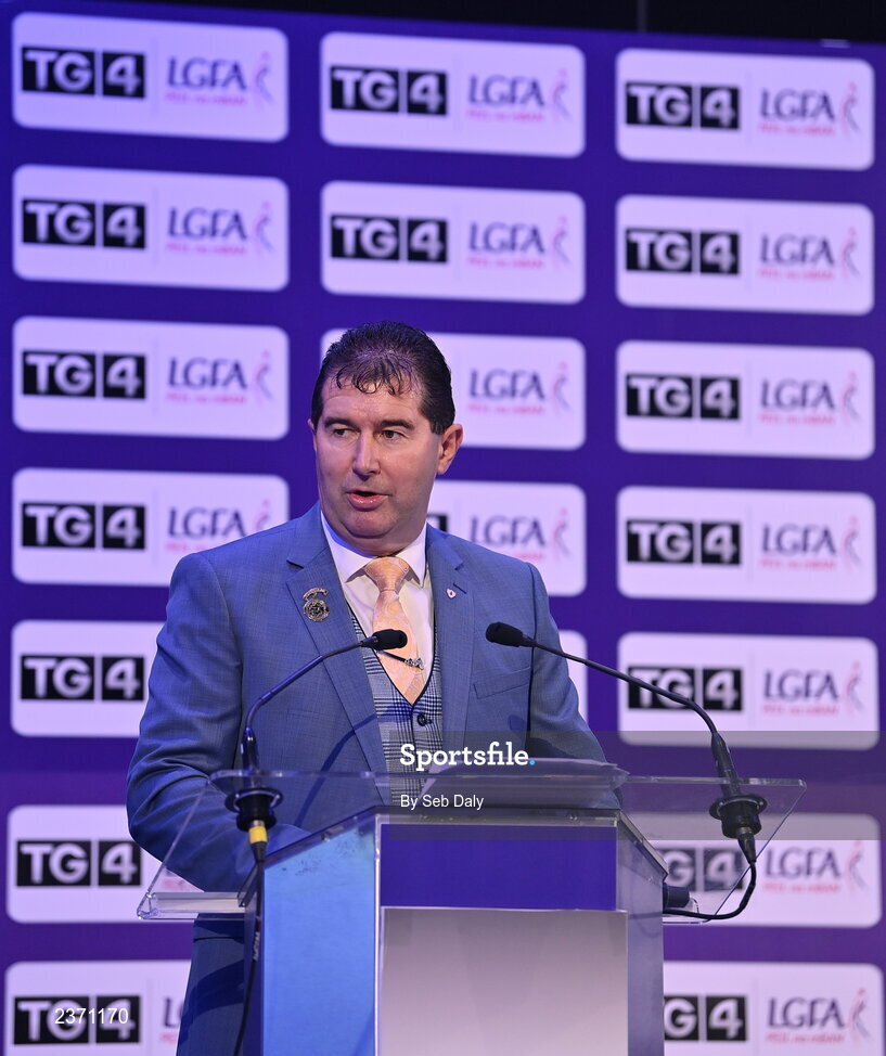 4 November 2022; Mícheál Naughton, LGFA President, speaking at the 2022 TG4 Teams of the Championship awards night at Croke Park, Dublin. Photo by Seb Daly/Sportsfile