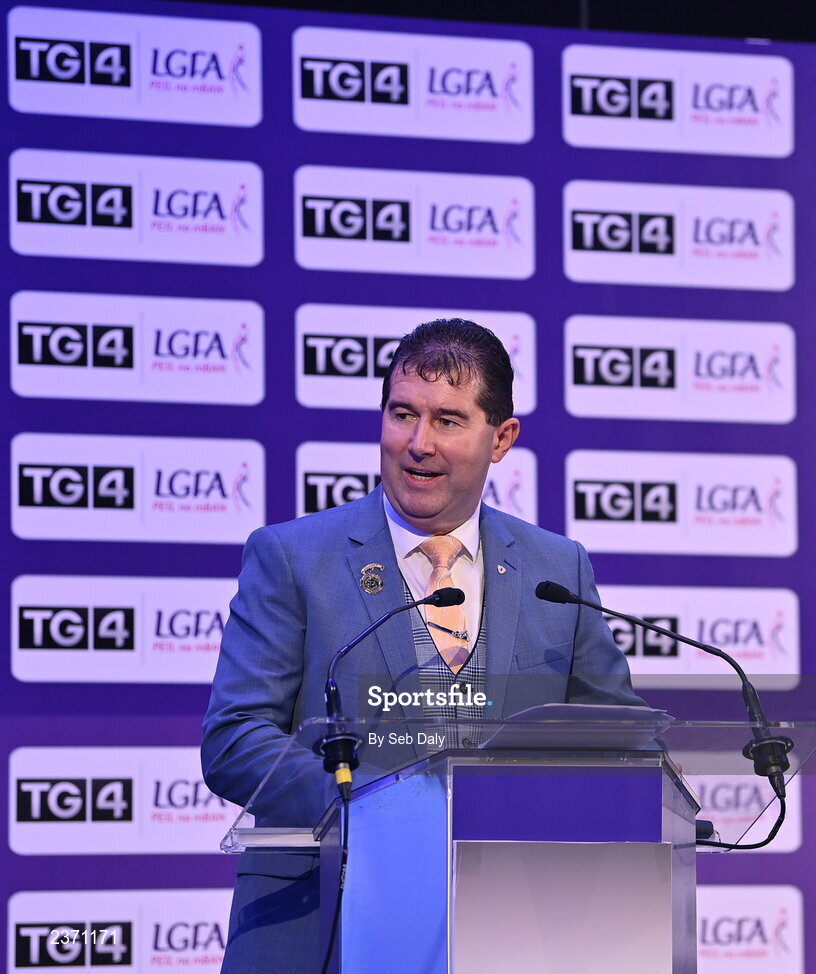 4 November 2022; Mícheál Naughton, LGFA President, speaking at the 2022 TG4 Teams of the Championship awards night at Croke Park, Dublin. Photo by Seb Daly/Sportsfile