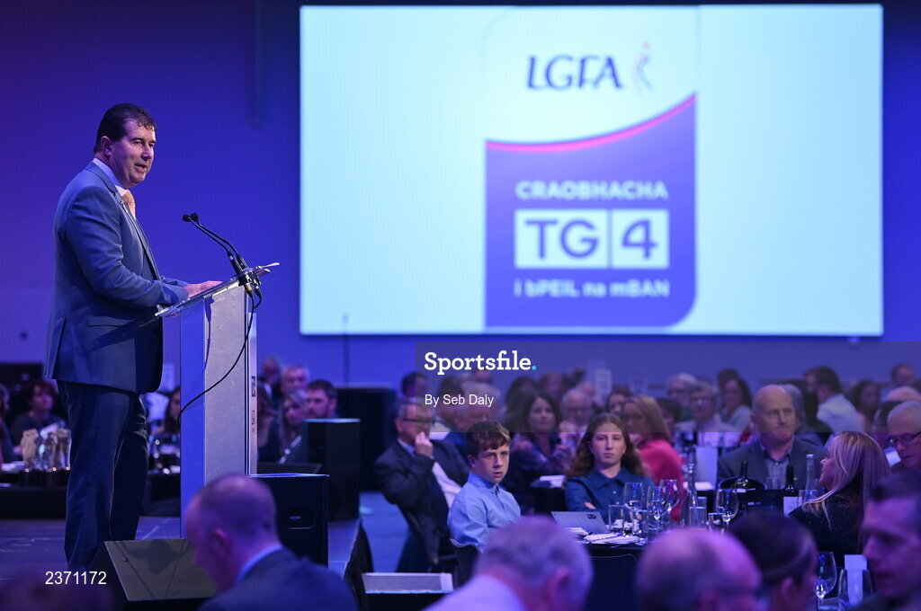 4 November 2022; Mícheál Naughton, LGFA President, speaking at the 2022 TG4 Teams of the Championship awards night at Croke Park, Dublin. Photo by Seb Daly/Sportsfile