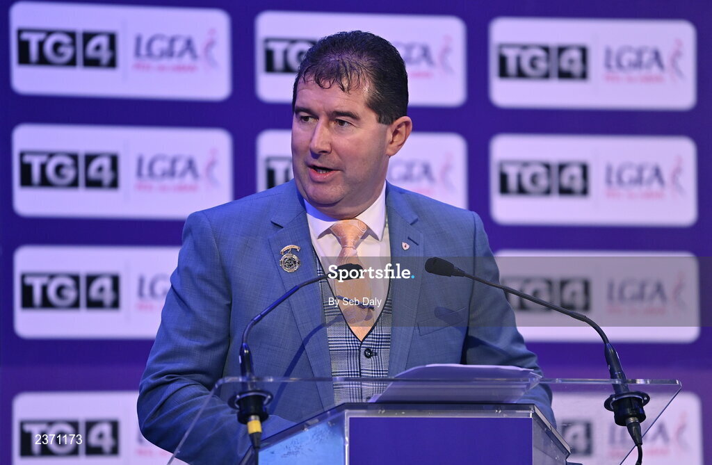 4 November 2022; Mícheál Naughton, LGFA President, speaking at the 2022 TG4 Teams of the Championship awards night at Croke Park, Dublin. Photo by Seb Daly/Sportsfile