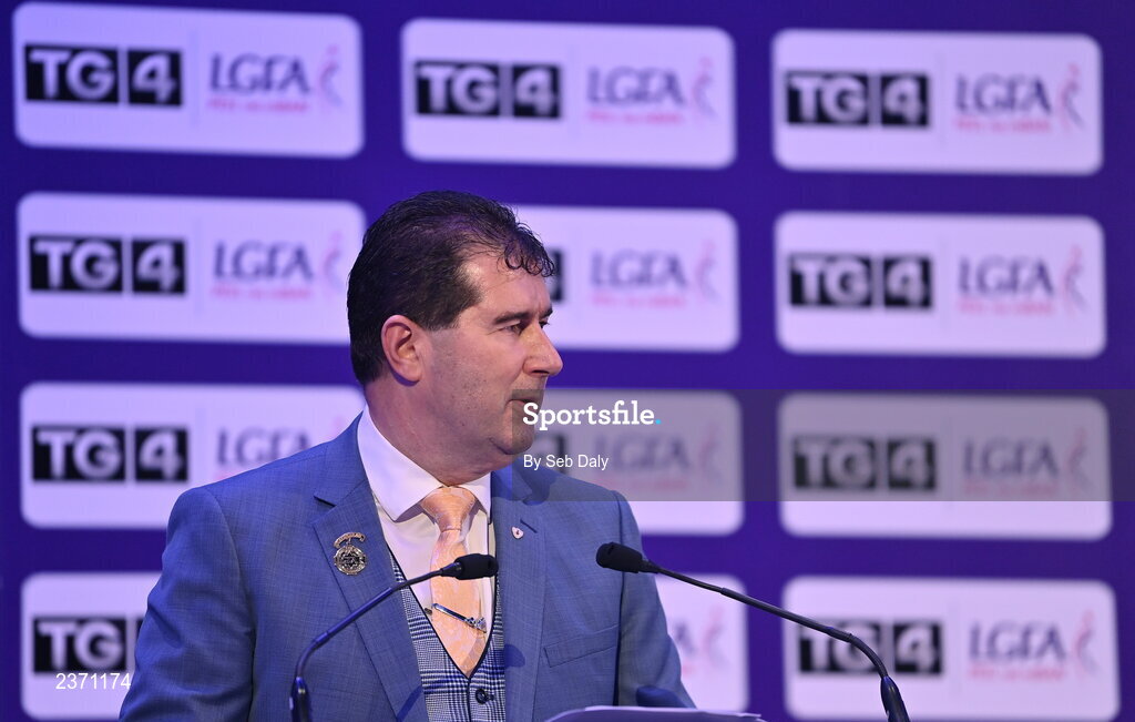 4 November 2022; Mícheál Naughton, LGFA President, speaking at the 2022 TG4 Teams of the Championship awards night at Croke Park, Dublin. Photo by Seb Daly/Sportsfile