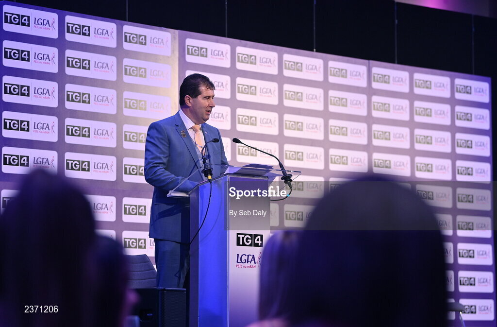 4 November 2022; Mícheál Naughton, LGFA President, speaking at the 2022 TG4 Teams of the Championship awards night at Croke Park, Dublin. Photo by Seb Daly/Sportsfile