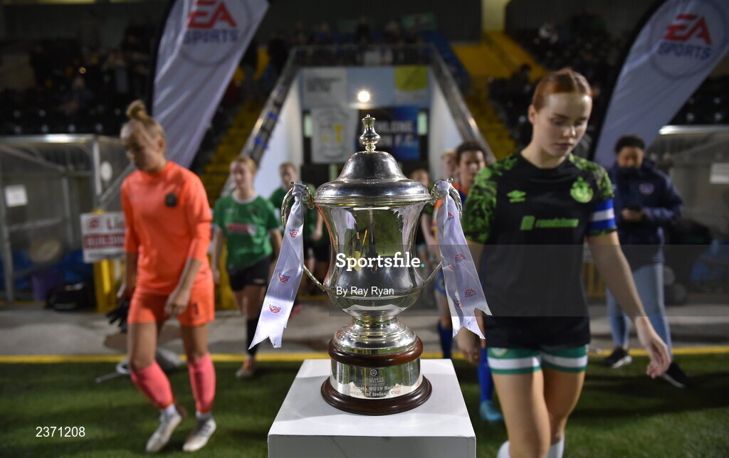 4 November 2022; Shamrock Rovers and Peamount United players make there way to the pitch before the EA SPORTS Women's National Under-19 League Cup Final match between Peamount United and Shamrock Rovers at Athlone Town Stadium in Athlone, Westmeath. Photo by Ray Ryan/Sportsfile