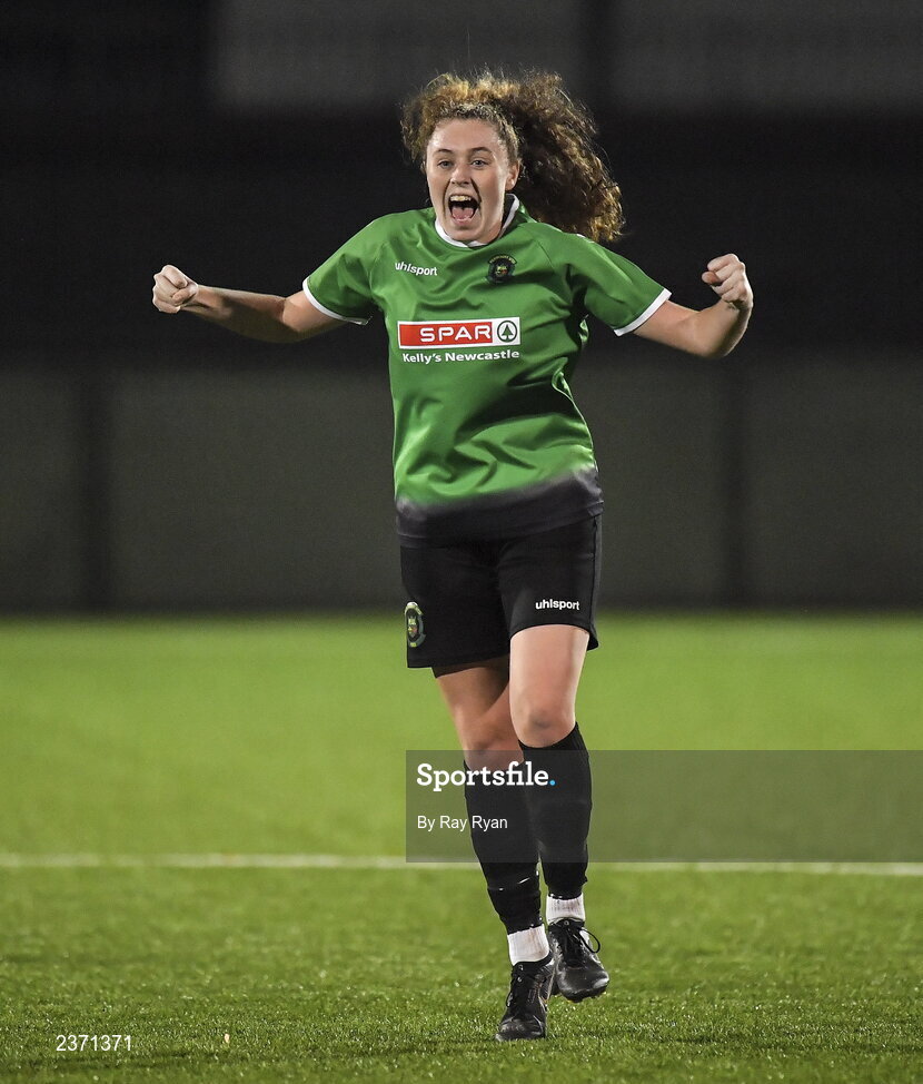 4 November 2022; Rebella McMahon of Peamont celebrates at the final whistle in the EA SPORTS Women's National Under-19 League Cup Final match between Peamount United and Shamrock Rovers at Athlone Town Stadium in Athlone, Westmeath. Photo by Ray Ryan/Sportsfile