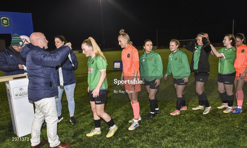 4 November 2022; Dave Connell presents medals to  Peamont players after winning the EA SPORTS Women's National Under-19 League Cup Final match between Peamount United and Shamrock Rovers at Athlone Town Stadium in Athlone, Westmeath. Photo by Ray Ryan/Sportsfile