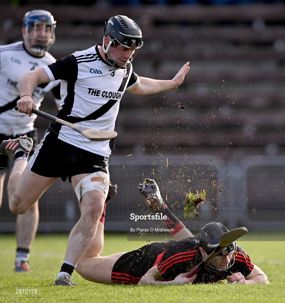 6 November 2022; Kevin Mahony of Ballygunner hits the ground after a tackle by Mark O'Neill of Kilruane MacDonagh's during the AIB Munster GAA Hurling Senior Club Championship quarter-final match between Ballygunner and Kilruane MacDonagh's at Walsh Park in Waterford. Photo by Piaras Ó Mídheach/Sportsfile
