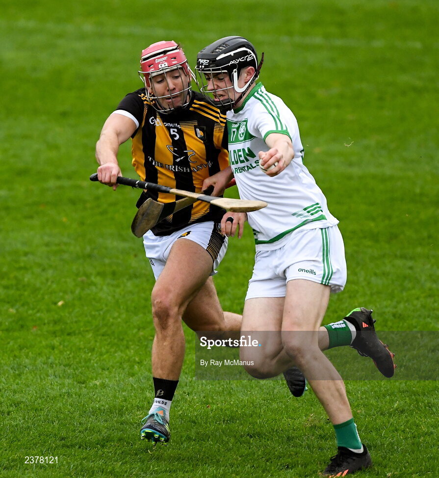 13 November 2022; Killian Corcoran of Shamrocks Ballyhale is tackled by Conor Kane of Castletown Geoghegan during the AIB Leinster GAA Hurling Senior Club Championship Quarter-Final match between Shamrocks Ballyhale and Castletown Geoghegan at UPMC Nowlan Park in Kilkenny. Photo by Ray McManus/Sportsfile