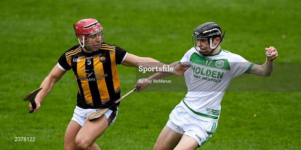 13 November 2022; Killian Corcoran of Shamrocks Ballyhale is tackled by Conor Kane of Castletown Geoghegan during the AIB Leinster GAA Hurling Senior Club Championship Quarter-Final match between Shamrocks Ballyhale and Castletown Geoghegan at UPMC Nowlan Park in Kilkenny. Photo by Ray McManus/Sportsfile