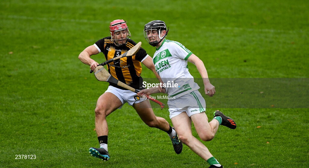 13 November 2022; Killian Corcoran of Shamrocks Ballyhale is tackled by Conor Kane of Castletown Geoghegan during the AIB Leinster GAA Hurling Senior Club Championship Quarter-Final match between Shamrocks Ballyhale and Castletown Geoghegan at UPMC Nowlan Park in Kilkenny. Photo by Ray McManus/Sportsfile