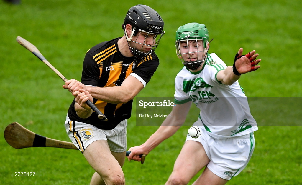 13 November 2022; Aaron Glennon of Castletown Geoghegan is tackled by Niall Shortall of Shamrocks Ballyhale during the AIB Leinster GAA Hurling Senior Club Championship Quarter-Final match between Shamrocks Ballyhale and Castletown Geoghegan at UPMC Nowlan Park in Kilkenny. Photo by Ray McManus/Sportsfile