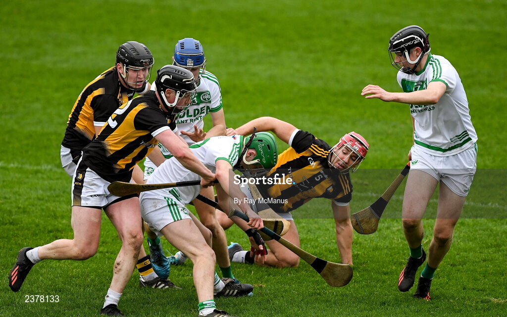 13 November 2022; Niall Shortall of Shamrocks Ballyhale, supported by team mates Eoin Kenneally and Killian Corcoran as he is tackled by Castletown Geoghegan players, from left, Brandon Carey, Liam Varleyt and Liam Varleyt during the AIB Leinster GAA Hurling Senior Club Championship Quarter-Final match between Shamrocks Ballyhale and Castletown Geoghegan at UPMC Nowlan Park in Kilkenny. Photo by Ray McManus/Sportsfile