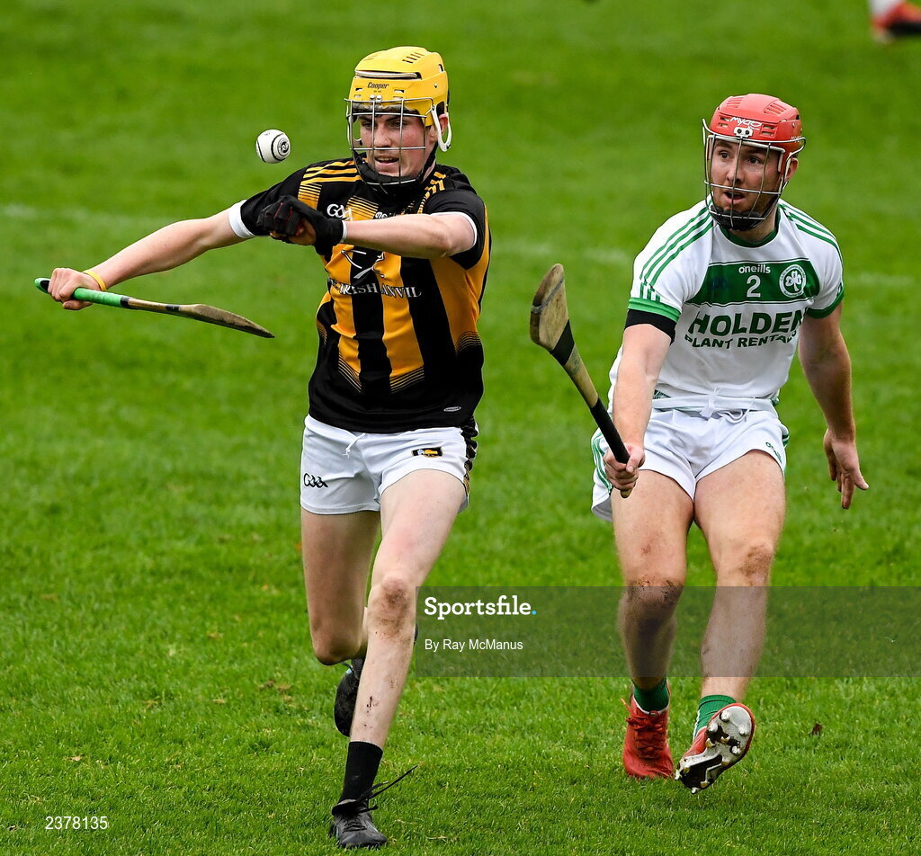 13 November 2022; David O'Reilly of Castletown Geoghegan is tackled by Darren Mullen of Shamrocks Ballyhale during the AIB Leinster GAA Hurling Senior Club Championship Quarter-Final match between Shamrocks Ballyhale and Castletown Geoghegan at UPMC Nowlan Park in Kilkenny. Photo by Ray McManus/Sportsfile