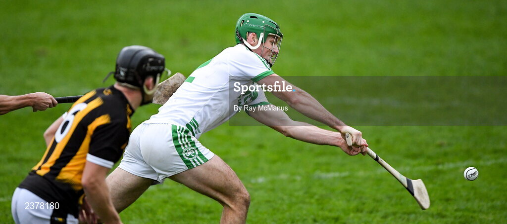 13 November 2022; Eoin Cody of Shamrocks Ballyhale shoots to score his side's fourth goal, in the 40th minute, during the AIB Leinster GAA Hurling Senior Club Championship Quarter-Final match between Shamrocks Ballyhale and Castletown Geoghegan at UPMC Nowlan Park in Kilkenny. Photo by Ray McManus/Sportsfile
