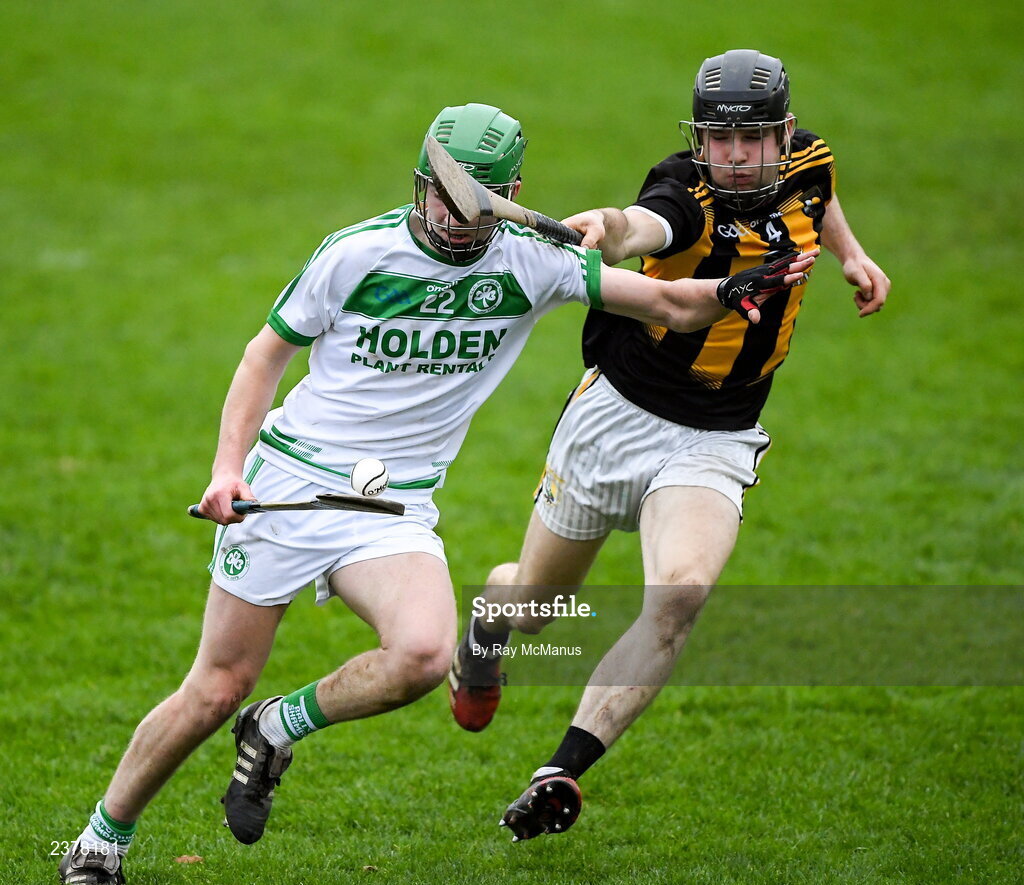 13 November 2022; Niall Shortall of Shamrocks Ballyhale is tackled by Aaron Glennon of Castletown Geoghegan during the AIB Leinster GAA Hurling Senior Club Championship Quarter-Final match between Shamrocks Ballyhale and Castletown Geoghegan at UPMC Nowlan Park in Kilkenny. Photo by Ray McManus/Sportsfile